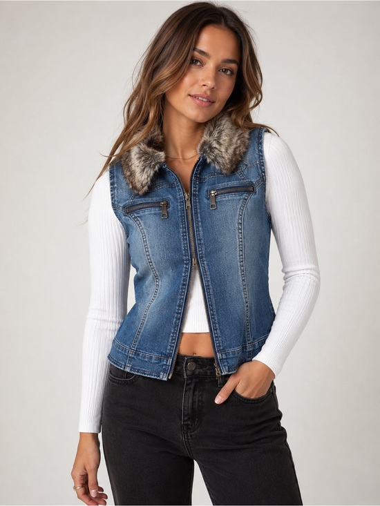 Baccini Jackets & Blazers - Baccini Denim Vest Faux Fur Collar Zip Front Blue Jean Vest Size Small